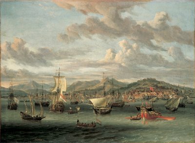Dutch Shipping off the Bay of Smyrna with a State Barge by Abraham Storck