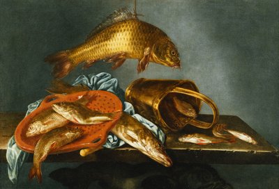 A Pike, Carp, Tench and Roach with a Sieve and a Brass Bucket on a Ledge by Abraham Susenier