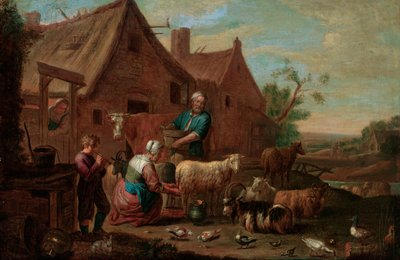 Peasant Family with Cattle, Sheep and Goats in a Farmyard by Abraham Willemsens
