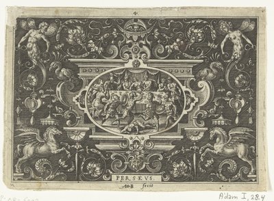 Cartouche: Phineus Disrupts the Wedding of Perseus and Andromeda (Oval Cartouches with Scenes from the Life of Perseus in Grotesque Frames) by Abraham de Bruyn
