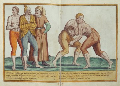 Turks wrestling, sixteenth century costumes from Omnium Poene Gentium Imagines, published in Cologne, 1577 by Abraham de Bruyn