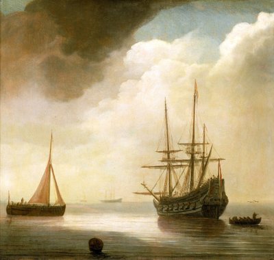 Dutch ship on calm sea by Abraham de Verwer