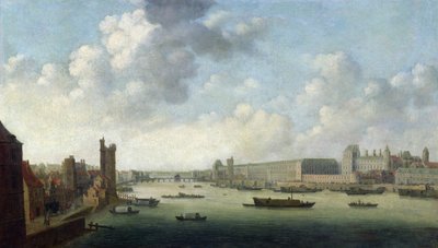 Perspective View of Paris from the Barber Bridge downstream, depicting the Hôtel Bourbon, The Grande Galerie of the Louvre, c.1640 by Abraham de Verwer