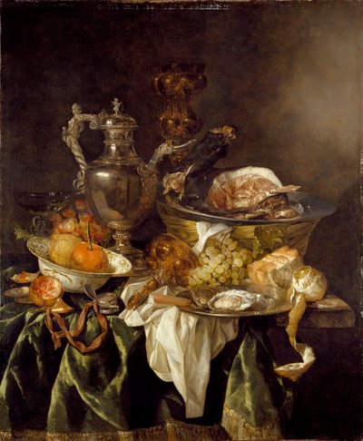 Still Life with a Silver Wine-jar and a Reflected Portrait of the Artist by Abraham van Beyeren