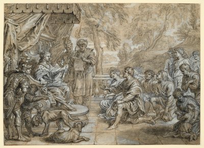 A Queen with Ermine Mantle and Scepter (Semiramis?) on a Throne, a Group of Men and Women Kneeling Before Her by Abraham van Diepenbeeck