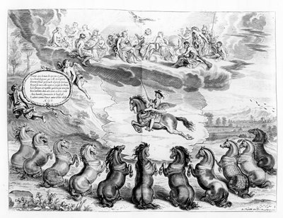 The Marquess of Newcastle riding on Pegasus before an assembly of the Greek Gods and receiving the salutes of earthly horses, illustration from a Riding Manual by the Marquess of Newcastle by Abraham van Diepenbeeck
