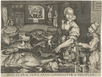 Kitchen Scene with Woman Cleaning Fish (Iesus in fractione panis cognoscitur a discipulis) by Abraham van Lier
