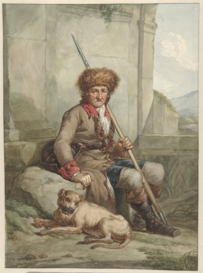 Seated Hunter with Fur Hat, Spear, and Game Bag by Abraham van Strij (I)