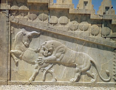 Lion fighting a bull, relief on the east staircase of the Apadana by Achaemenid