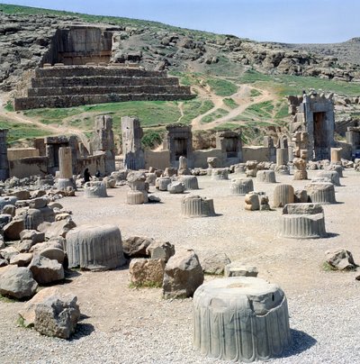 One Hundred Column Hall with the tomb of either Artaxerxes II or Artaxerxes III in the background by Achaemenid