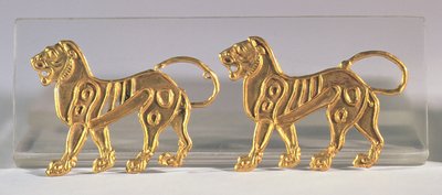 Two lion sequences which were sewn onto ceremonial robes, from Hamadan, c.5th-4th century BC by Achaemenid