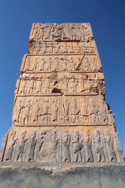West entrance to the Hundred Column Hall, depicting rows of dignitaries supporting the King at the top by Achaemenid
