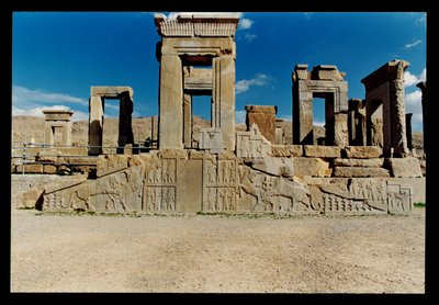 West facade of the Tachara (Darius private palace), built and the staircase added by Artaxerxes III by Achaemenid
