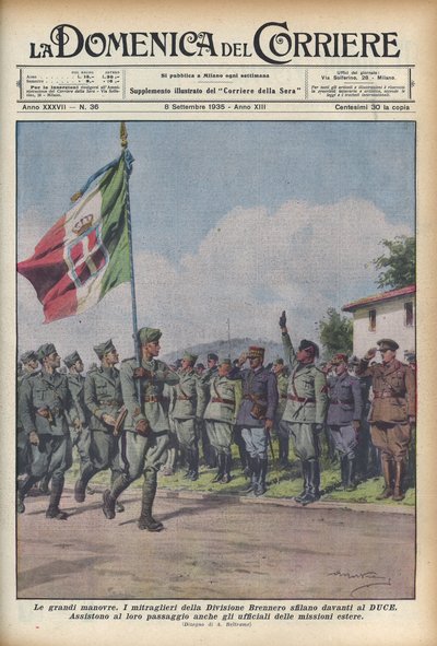 1935 The machine gunners of the Brennero Division parade before the Duce - DOMENICA DEL CORRIERE - military manoeuvre. The troops pass before Benito Mussolini (illustration by Achille Beltrame) by Achille Beltrame