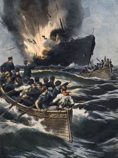 A German steamboat exploded between Sicily and the Tunisian coast. The crew had time to move away aboard boats. Illustration by Beltrame. La Domenica del Corriere. 06/1909. by Achille Beltrame