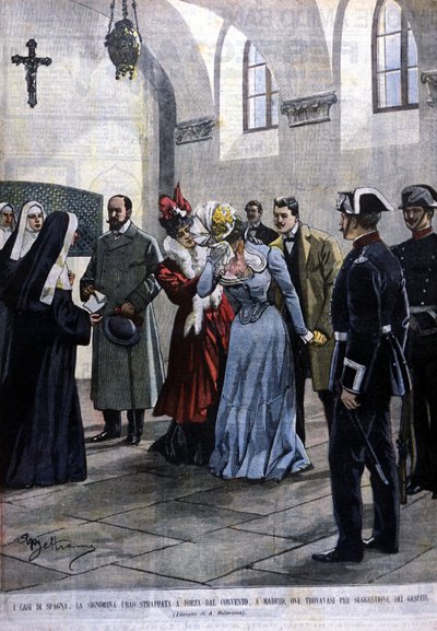 In Madrid, a young woman, Mademoiselle Ubao, is taken from the life of a nun in a convent where she was placed by the suggestion of the Jesuits. Illustration by Beltrame. La Domenica del corriere. 1901 by Achille Beltrame