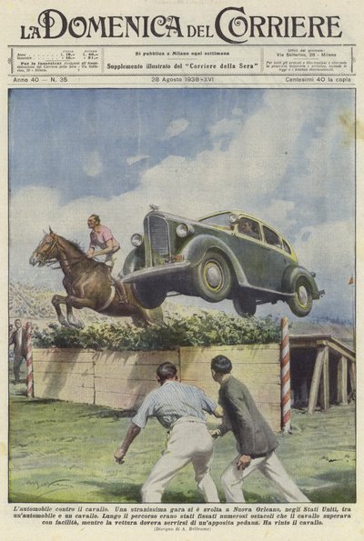 A Car and a Horse Jump a Hurdle at a Racecourse in New Orleans by Achille Beltrame