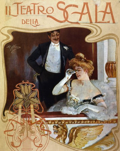 A couple places in a dressing room at the Teatro alla Scala. The young woman observes the scene with a pair of binoculars. Illustration by Achille Beltrame by Achille Beltrame