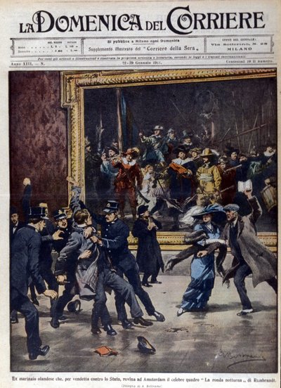 A former Dutch sailor tried to ransack the famous painting by Rembrandt van Rijn (1606-1669), The Night Watch. Cover of La Domenica del Corriere, ill. de Beltrame, 01/1911 by Achille Beltrame