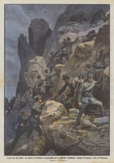 Competing with the Alpini, an Infantry Unit, Climbing a Difficult Ravine, Occupies by Achille Beltrame