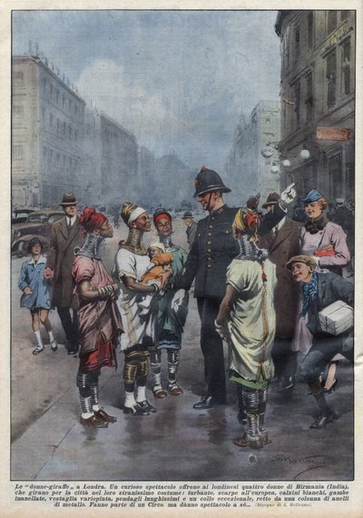 A Group of Women-Giraffes from Burma Ask Their Way to an English Policeman in London. Illustration by Achille Beltrame in 