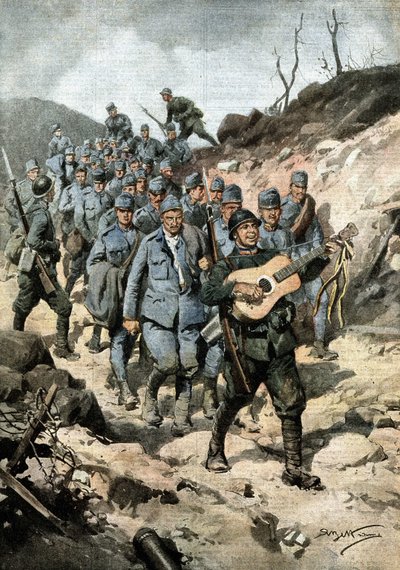 A happy hero. After capturing forty Austrians and a guitar in a cave, Private Buoncompagni marched at the head of the group of prisoners singing. Illustration by Beltrame. La Domenica del Corriere. 10/1917 by Achille Beltrame
