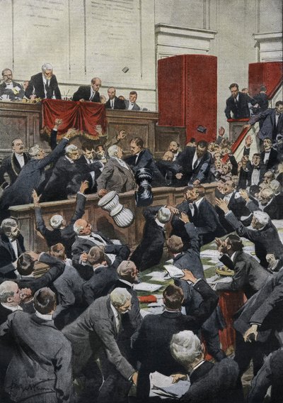 A stormy sitting in the Italian Chamber of Deputies during a budget debate. MP Chiesa suspends the vote by throwing the ballot box. 