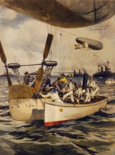 Airships Resupplying Battleships During Their Voyage (Illustration) by Achille Beltrame