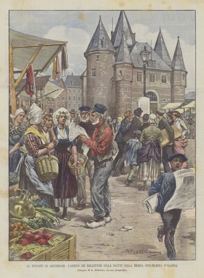 At the Amsterdam Market, The Arrival of Bulletins on the Health of Queen Wilhelmina of the Netherlands by Achille Beltrame