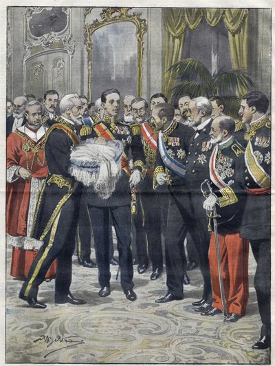 Alfonso XIII (1886-1941), King of Spain at the ceremony of the presentation of his son Alfonso (1907-1938), Count of Covadonga, Prince of Asturias. Drawing by Achille Beltrame. from 1907 by Achille Beltrame