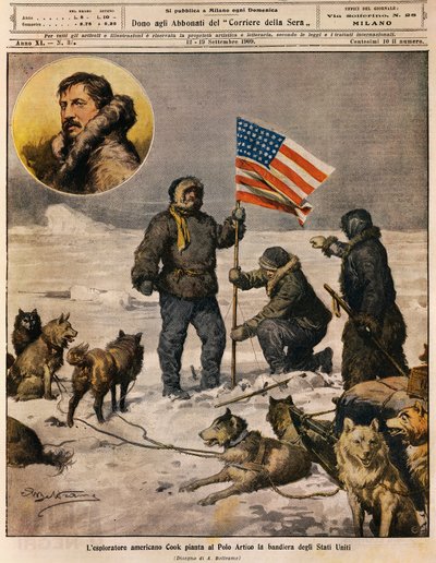 American explorer Cook planting US flag in North Pole (illustration by Achille Beltrame) by Achille Beltrame
