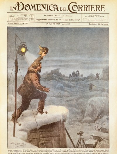 American explorer, Richard E Byrd, being joined by companions in Antarctic after being alone for five months, by Achille Beltrame, illustration, from La Domenica del Corriere, 26th August 1934 by Achille Beltrame