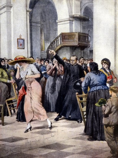 An Example of Religious Moralism: A young woman is chased out of the church by a priest and the faithful due to her light clothing. Illustration by A. Beltrame in 