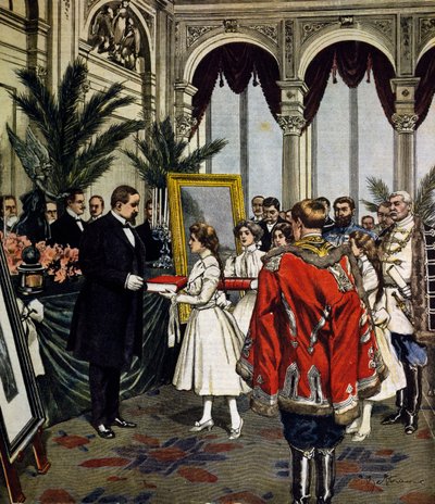 Anniversary of author of Quo Vadis?, presentation of gifts to Sinkievicz in Warsaw, illustration by Achille Beltrame, La Domenica del Corriere, No. 3, January 20 by Achille Beltrame