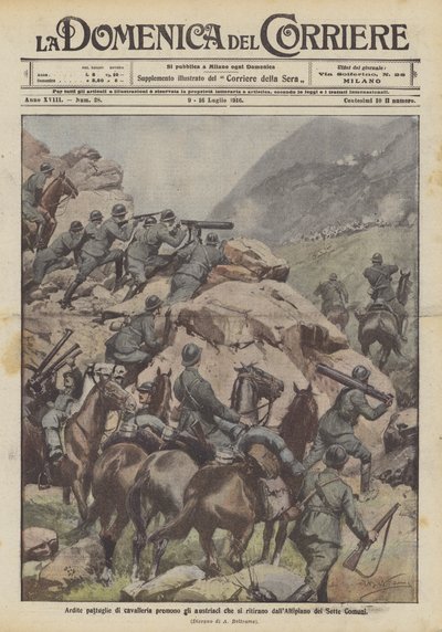 Daring cavalry patrols press the Austrians retreating from the Altipiano dei Sette Comuni by Achille Beltrame