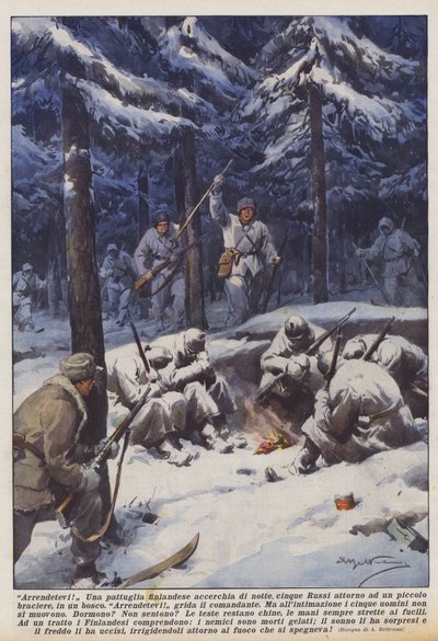 Surrender! A Finnish Patrol Surrounds Five Russians at Night Around a Small Brazier in a Forest by Achille Beltrame