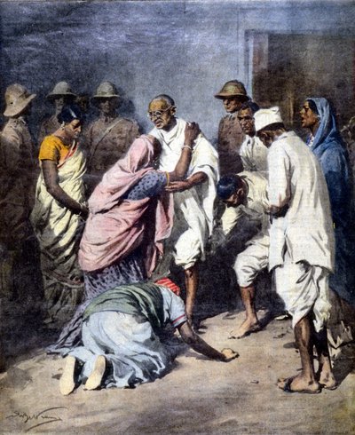 Arrest of Mahatma Gandhi. Illustration by Achille Beltrame. La Domenica del Corriere. 1932 by Achille Beltrame