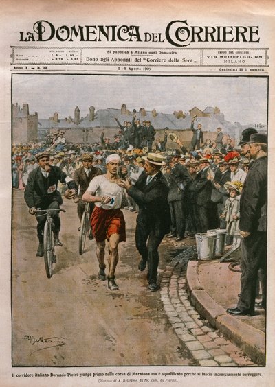 Arrival of Dorando Pietri in marathon, London Olympics, illustration by Achille Beltrame by Achille Beltrame