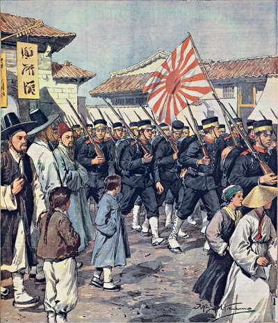 Arrival of Japanese troops in Korea, illustration from La Domenica del Corriere, 21 February by Achille Beltrame