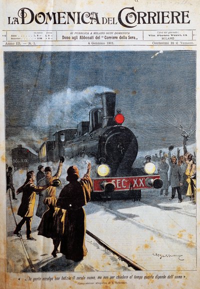 Arrival of new century, people welcoming in new century with joy, illustration by Achille Beltrame, from La Domenica del Corriere, January 6 by Achille Beltrame