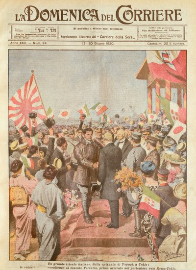 Arturo Ferrarin, long-distance flyer being welcomed in Tokyo as first to arrive on Rome-Tokyo route, illustration from La Domenica del Corriere by Achille Beltrame