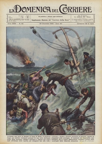 A Ship on Fire Spotted Off the Coast of Nice, the Steamer Livorno Heading to Genoa Rushed to Help by Achille Beltrame