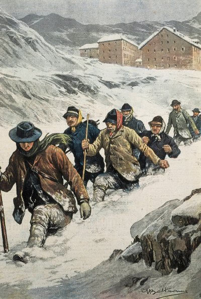 Italian Workers Crossing the St. Bernard Pass Between Aosta and Switzerland. Cover of La Domenica del Corriere. 02/14/1904 by Achille Beltrame