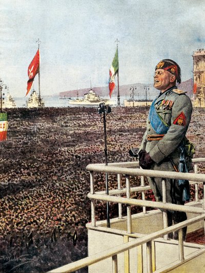 Benito Mussolini. The Duce Speaks to the People of Trieste and the World (September 1938). Illustration of Achille Beltrame for Domenica del Corriere by Achille Beltrame
