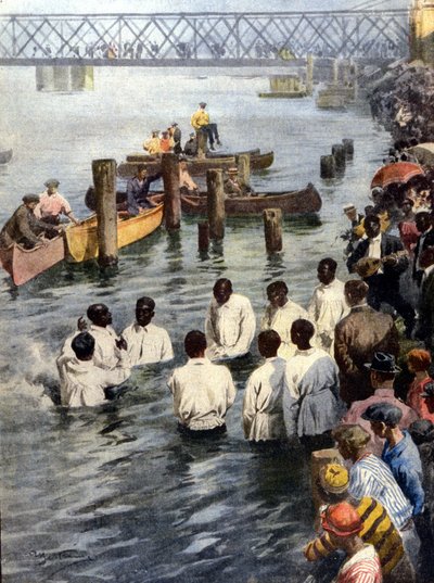 Baptism Ceremony in the Cedar River in Iowa (USA) of Black Members of the Church of God Sect. Illustration by A. Beltrame. La Domenica del Corriere by Achille Beltrame