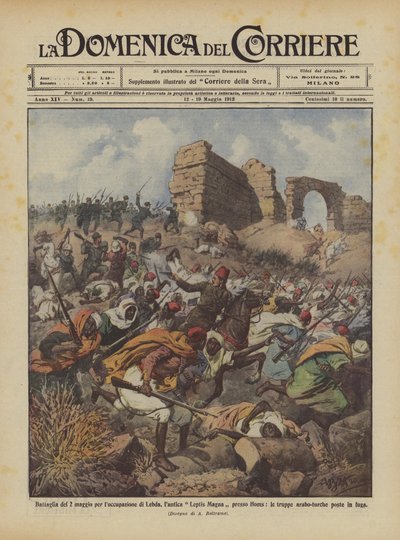 Battle of May 2 for the Occupation of Lebda, the Ancient Leptis Magna Near Homs by Achille Beltrame