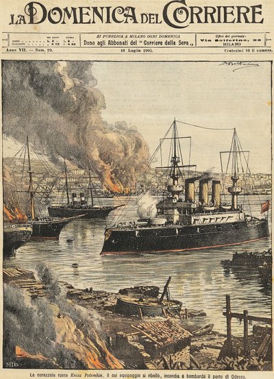 Battleship Potemkin bombarding Odessa, by Achille Beltrame, illustration by Achille Beltrame