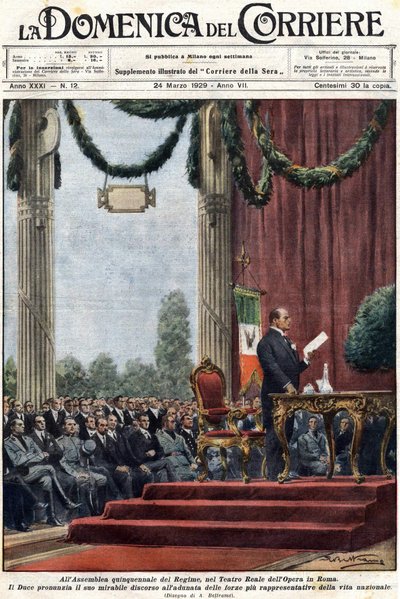 Benito Mussolini Delivering His Speech at the Teatro Reale of the Opera in Rome Before the Leaders of the Regime. Illustration by Achille Beltrame. 