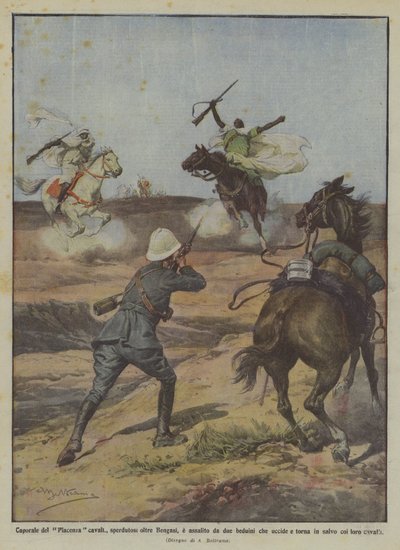 Corporal of the Piacenza Cavalry, Lost Beyond Benghazi, Attacked by Two Bedouins Whom He Kills by Achille Beltrame