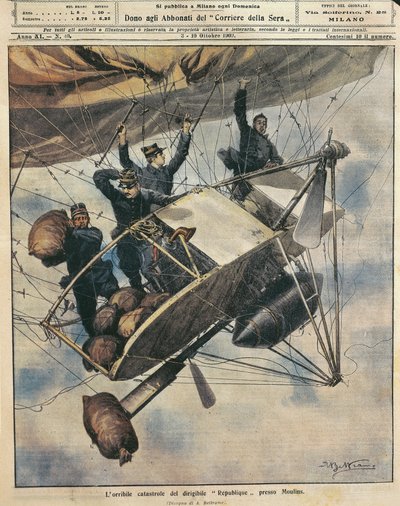 Catastrophe of airship Republique near Moulins, France, illustration by Achille Beltrame from La Domenica del Corriere, October 3-10 by Achille Beltrame